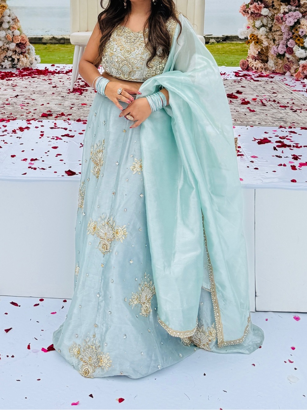 Light Mint Embroidered Bridal Anarkali lehnga with Dupatta